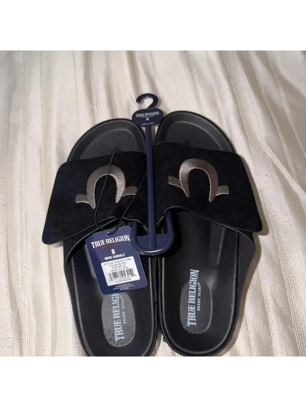 True Religion Men's TR-Biggy-PBS Black Logo Sandals adjustable top strap Size 8